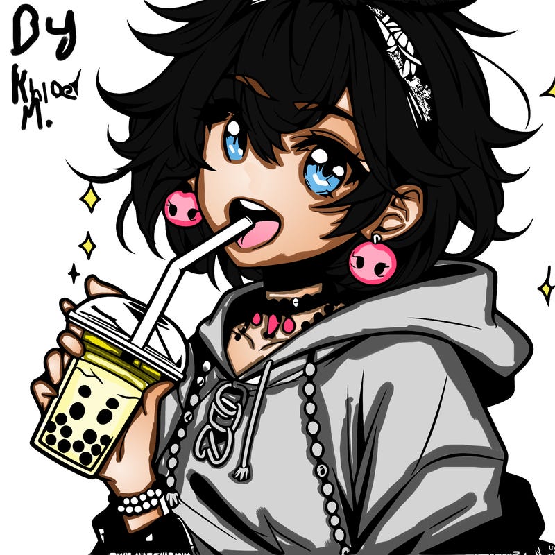 hot baddie anime girl drinking boba and biting the straw