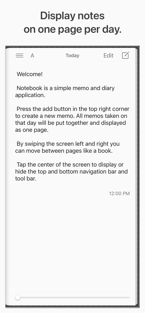 Notebook - Diary & Journal App - Screenshot der Tagesnotizansicht der Notebook-Tagebuch- und Journal-App mit Begrüßungstext