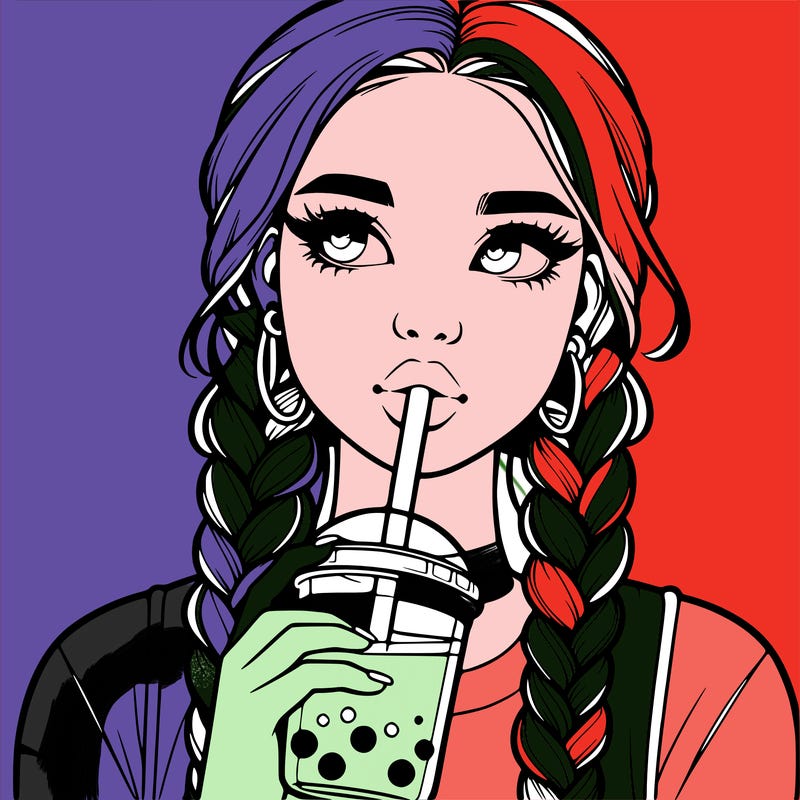 realistic girl with braided hair drinking boba
