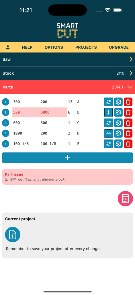 Cutlist Optimizer V2: SmartCut - SmartCut mobile interface showing a project parts list with dimensions and a material fit warning