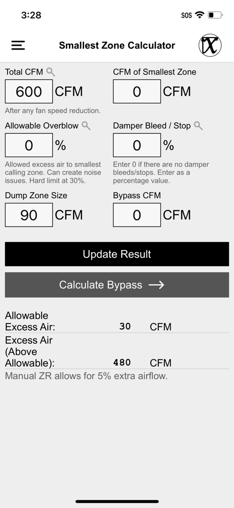 Smallest Zone Calculator interface in the Mean HVAC BS Tools app showing air flow and CFM calculations