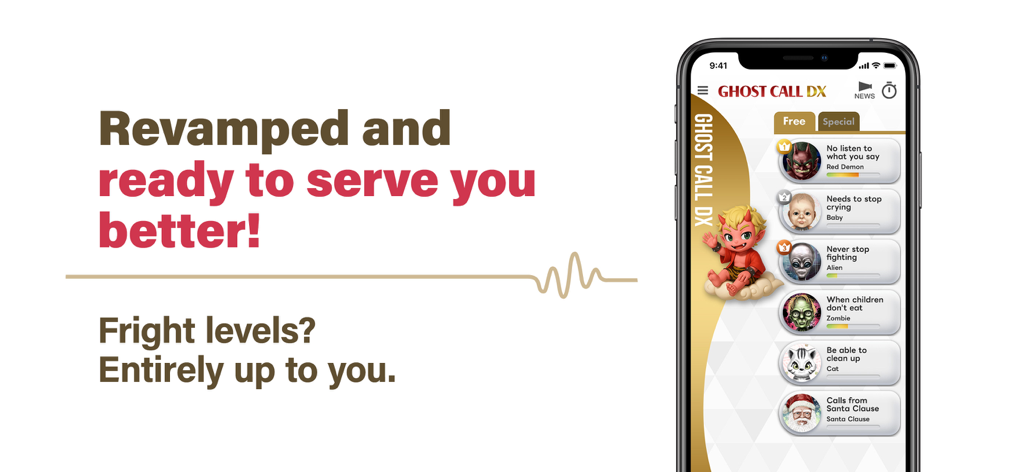 Ghost Call DX - Ghost Call DX app interface showing characters like Red Demon and Santa for managing child behavior