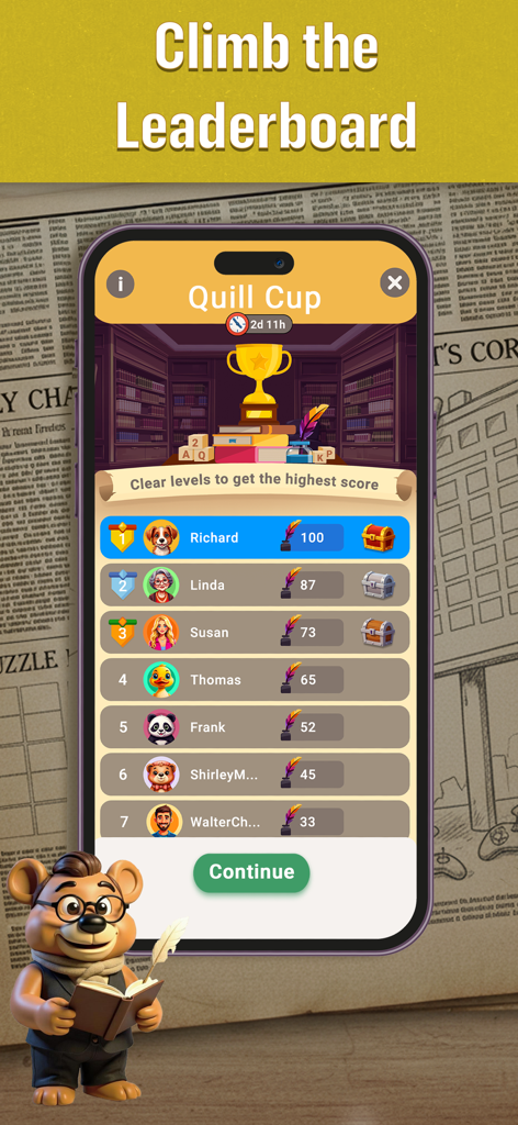 CodeWords: Cryptogram Puzzles - CodeWords Cryptogram Puzzlesモバイルゲームのトッププレイヤーのランキングとスコアを示す、Quill Cupのリーダーボード画面