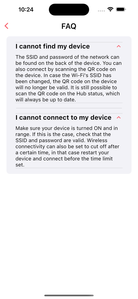Tela de FAQ do aplicativo FLARM Hub com dicas de solução de problemas para conexão de dispositivo