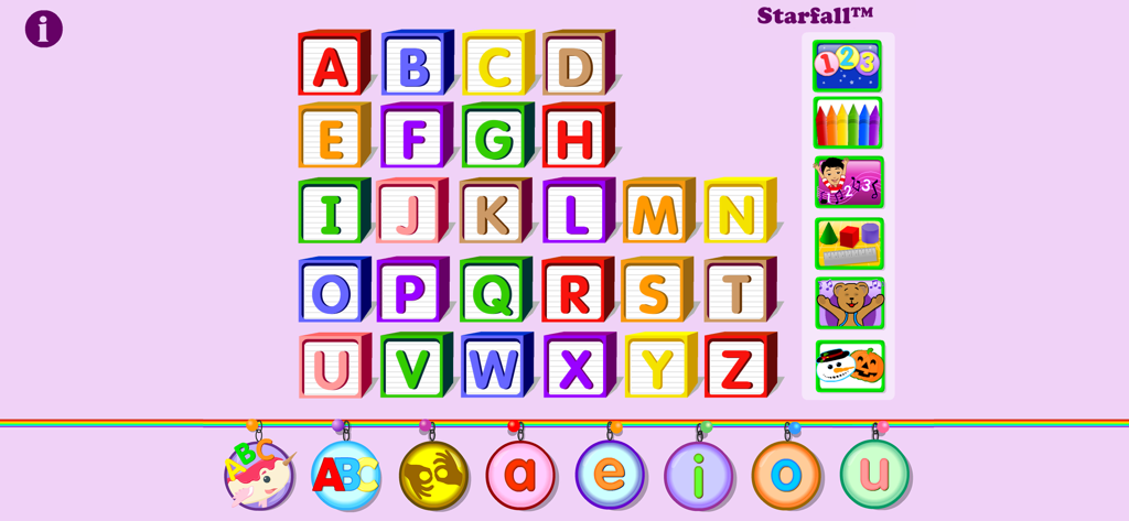 Menu principal do aplicativo ABCs da Starfall mostrando blocos coloridos do alfabeto e ícones de atividades educacionais