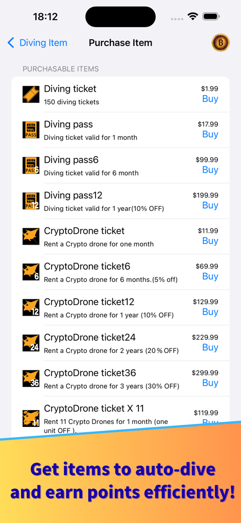 Pantalla de compra dentro de la aplicación CryptoDiver que muestra boletos de inmersión y alquileres de drones para recompensas de inmersión automática