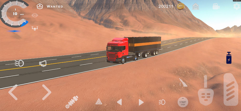 Hooligan 자동차 개조 게임에서 사막 고속도로를 달리는 빨간색 트럭