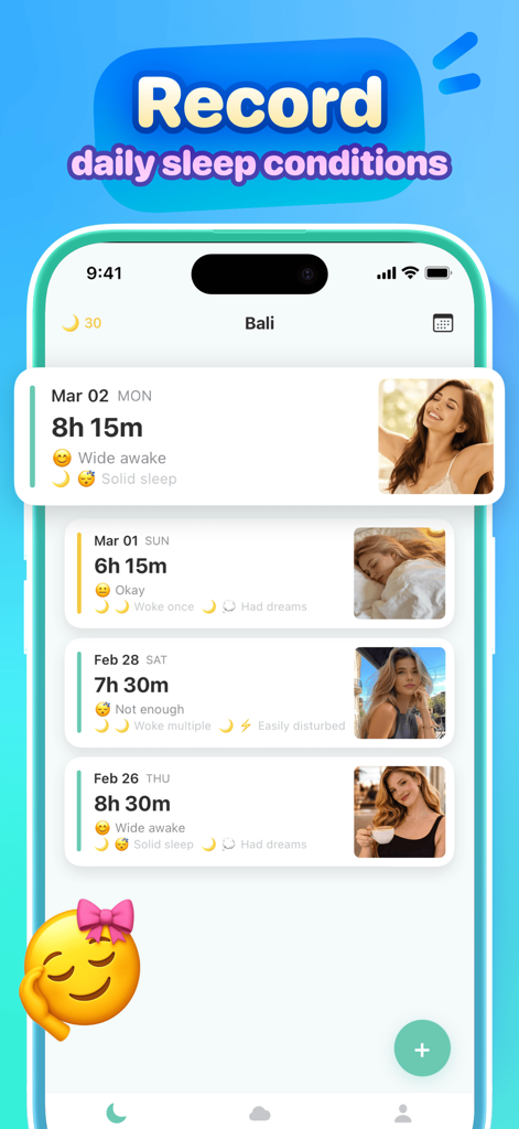 Bali - Wake Up Together - A list of daily sleep entries in the Bali app showing duration, mood icons, and dream notes.