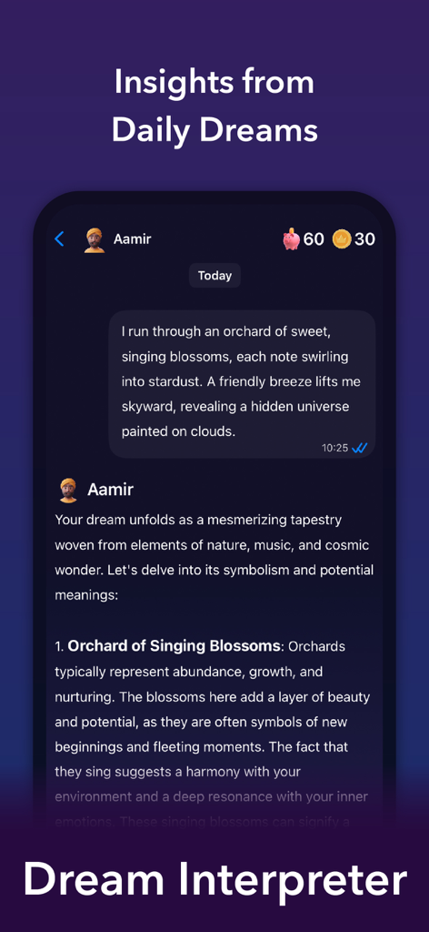 A screenshot of the Kismet app showing the Dream Interpreter feature where a user receives a detailed analysis of their dream symbols.