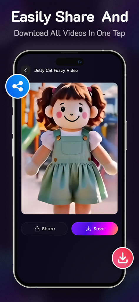 Twerk Video : Fuzzy Ai - Uma interface móvel para o aplicativo Fuzzy AI mostrando uma tela de compartilhamento e salvamento para um vídeo gerado de boneca de pelúcia.