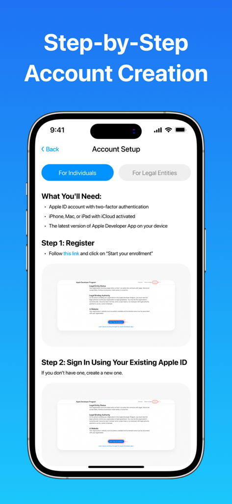 Developer - Create App Guide - Ein mobiler App-Screenshot, der den Schritt-für-Schritt-Prozess zur Einrichtung eines Apple Developer-Kontos zeigt