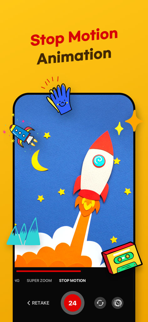 ImgPlay: GIF Maker & Meme - Interfaccia dell'app ImgPlay per la creazione di animazioni stop motion con grafiche di razzi e stelle