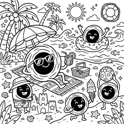 Who knew black holes loved summer? This delightful coloring page captures dormant black holes enjoying a sunny beach day, complete with sandcastles and refreshing drinks. It's a cosmic twist on a classic summer scene, ready for your creative touch.