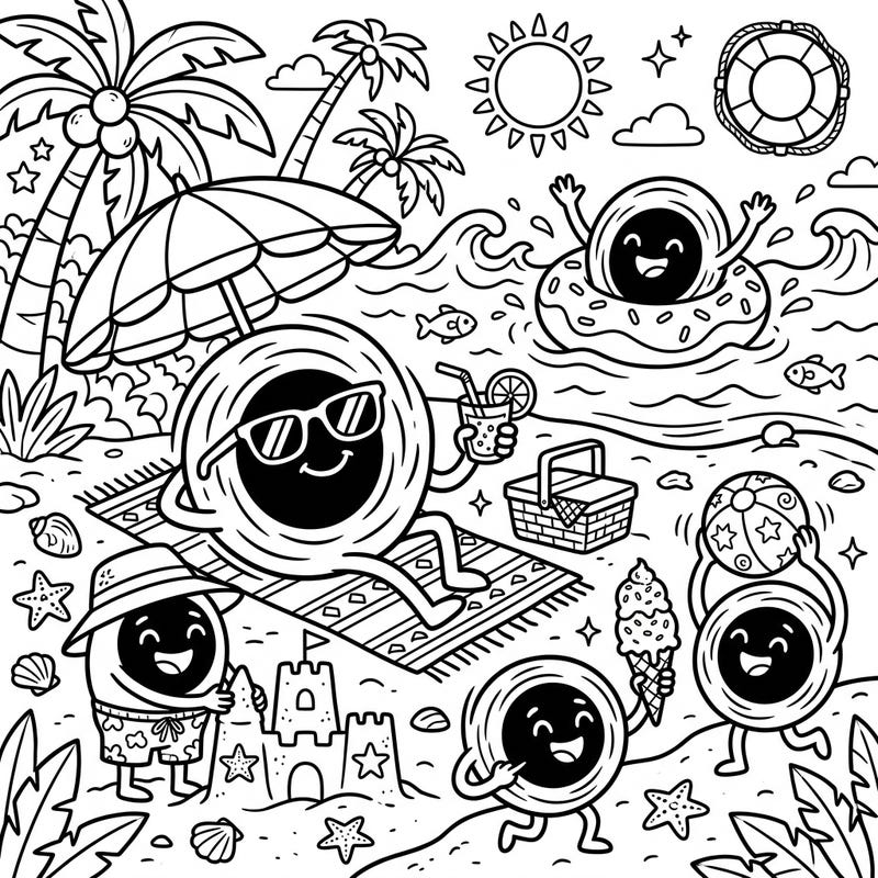 Who knew black holes loved summer? This delightful coloring page captures dormant black holes enjoying a sunny beach day, complete with sandcastles and refreshing drinks. It's a cosmic twist on a classic summer scene, ready for your creative touch.