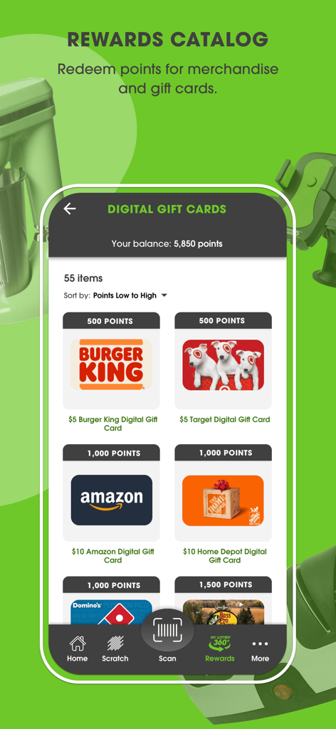 Washington's Lottery app rewards catalog showing digital gift cards for brands like Amazon Target and Burger King