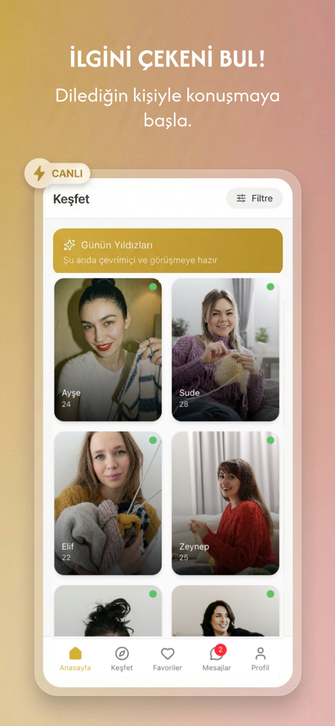 Nasip - Görüntülü Sohbet - Tela de descoberta do aplicativo Nasip mostrando vários perfis de usuários com nomes e idades para conexão por bate-papo por vídeo