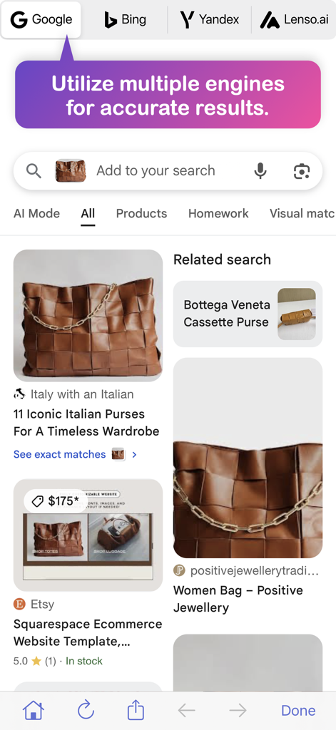 Reverse Image Search – RIMG - A smartphone interface showing reverse image search results for a brown woven leather handbag using multiple search engines to compare prices and styles.