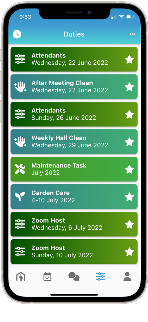 NW Publisher app interface displaying a list of congregation duties and volunteer schedules