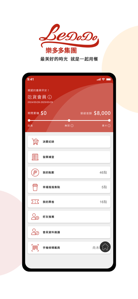 Ledodo mobile app member dashboard showing points balance, membership tier progress bar, and loyalty rewards menu.