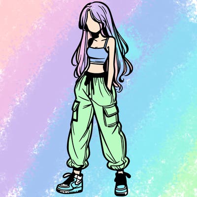 girl in baggy pants crop top and long hair