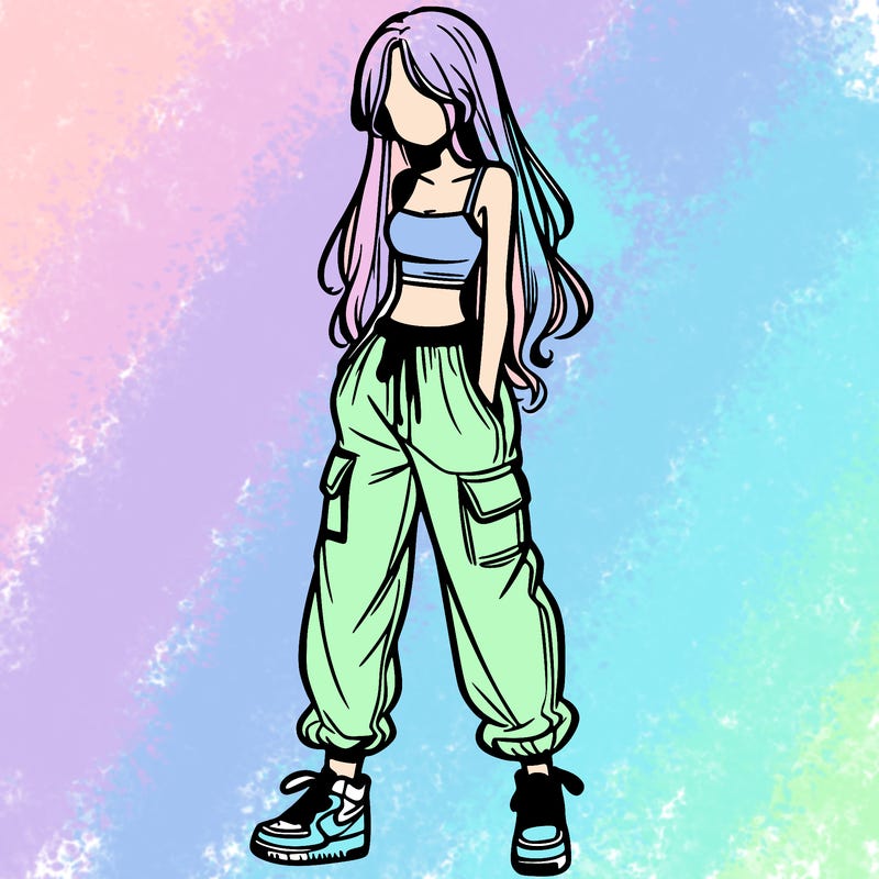 girl in baggy pants crop top and long hair