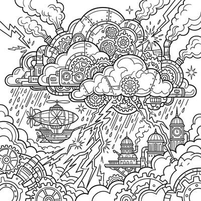 Unleash your creativity with this unique coloring page featuring a powerful rolling thunderstorm reimagined with intricate steampunk elements. Dive into a world of gears, pipes, and steam as you bring this mechanical marvel to life with your favorite colors.