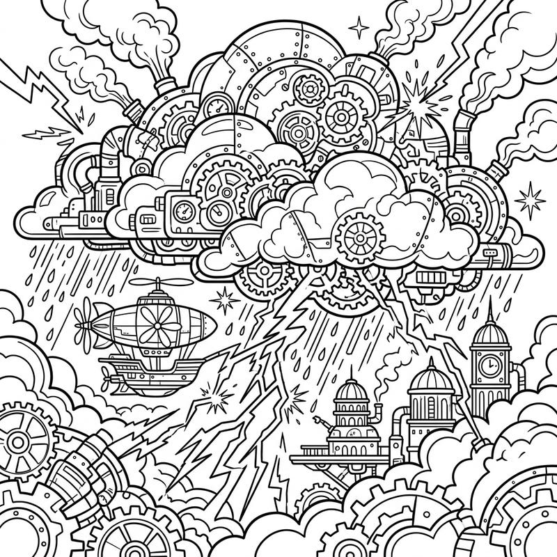 Unleash your creativity with this unique coloring page featuring a powerful rolling thunderstorm reimagined with intricate steampunk elements. Dive into a world of gears, pipes, and steam as you bring this mechanical marvel to life with your favorite colors.