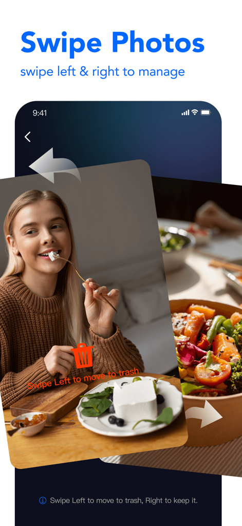 AI Cleanup Storage - iCleaner - iPhone app interface showing swipe left to delete and swipe right to keep photos.