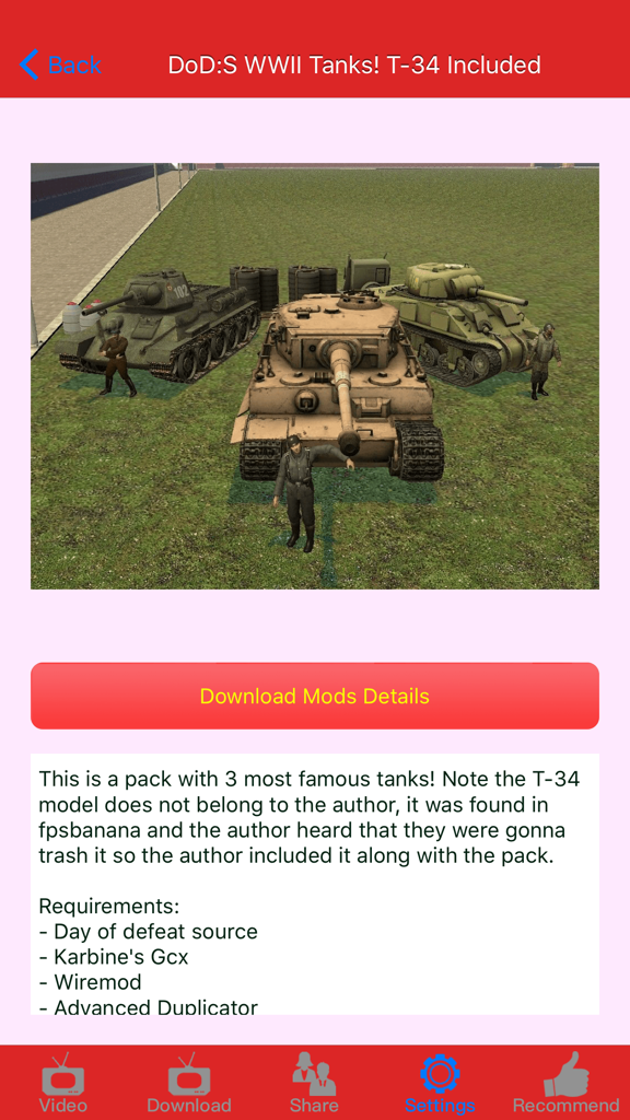 Weapon Mods for Garry’s Mod - A screenshot of the Weapon Mods for Garry's Mod app showing a preview of a World War II tanks pack including a T-34 and Tiger tank.