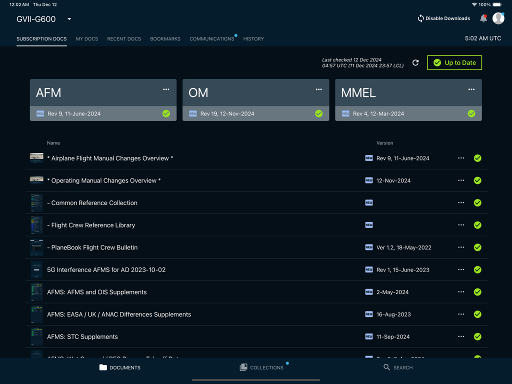 Gulfstream PlaneBook - Painel do aplicativo Gulfstream PlaneBook no iPad mostrando vários manuais de voo e status da documentação técnica