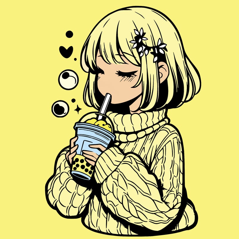 manga girl drinking boba in cozy sweater