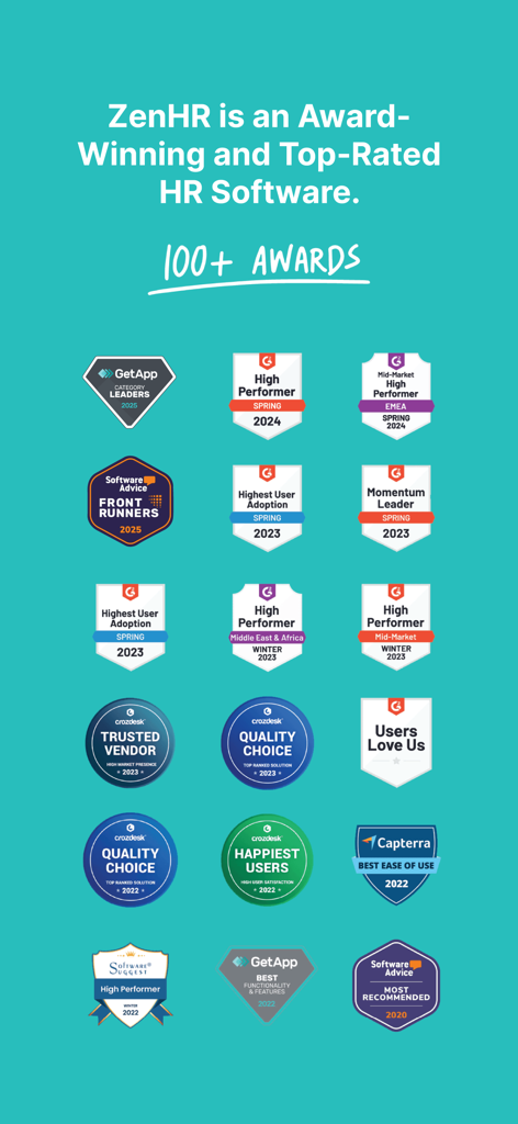 ZenHR Clock - Eine Sammlung von über 100 Auszeichnungen und Top-Bewertungen für ZenHR HR-Software von Branchenführern wie G2, Capterra und GetApp.