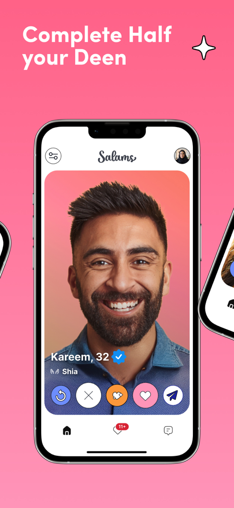 Handybildschirm der Salams-App, der ein verifiziertes Männerprofil mit dem Text Complete Half your Deen anzeigt.
