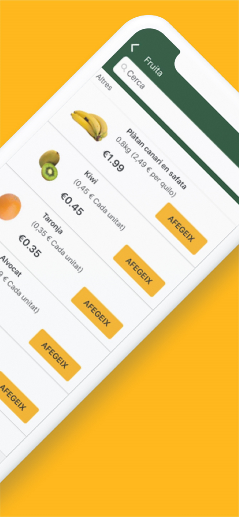 BonpreuEsclat - BonpreuEsclatモバイルアプリのインターフェース。価格とカートに追加ボタン付きの新鮮な果物のリストを表示