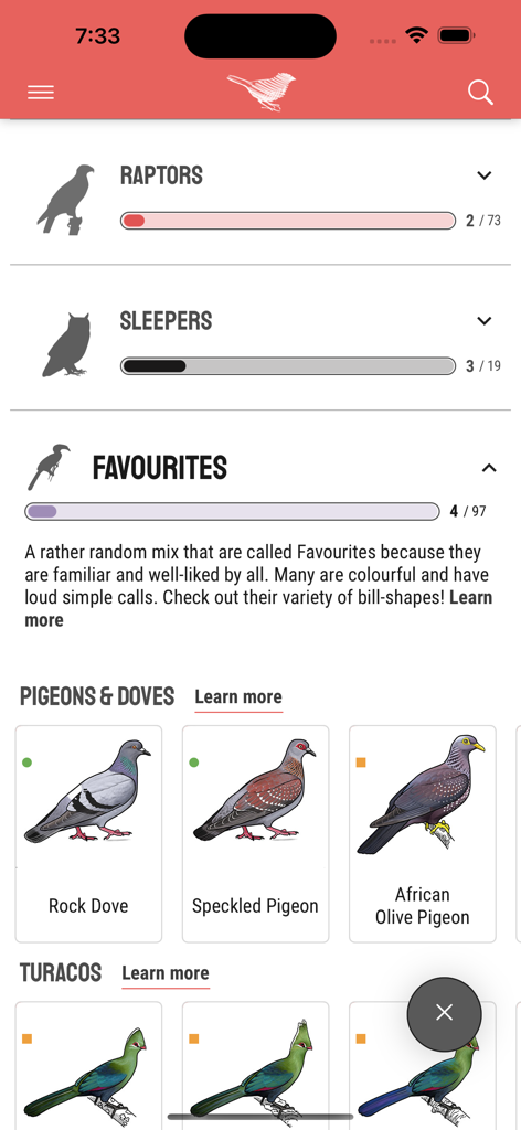Firefinch - Interface of the Firefinch birding app showing bird categories and detailed illustrations of African species.