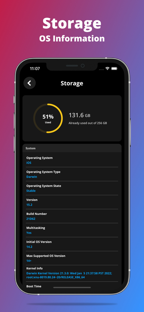 G-CPU:Monitor CPU, RAM, Widget - G-CPU app dashboard showing device storage usage and detailed iOS operating system information