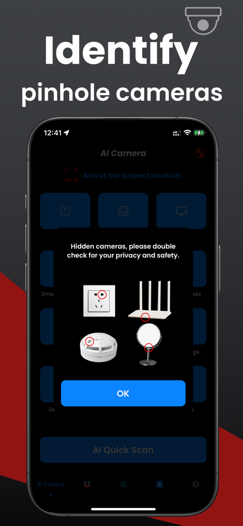 AI Hidden Camera: Privacy Safe - AI Hidden Camera app screen showing common locations for pinhole cameras such as smoke detectors and routers