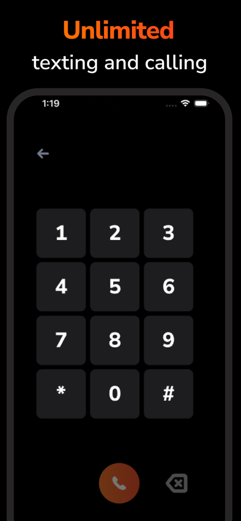 Ghost - Second Phone Number - Numeric keypad interface of the Ghost app showing unlimited texting and calling features for a secondary phone line.