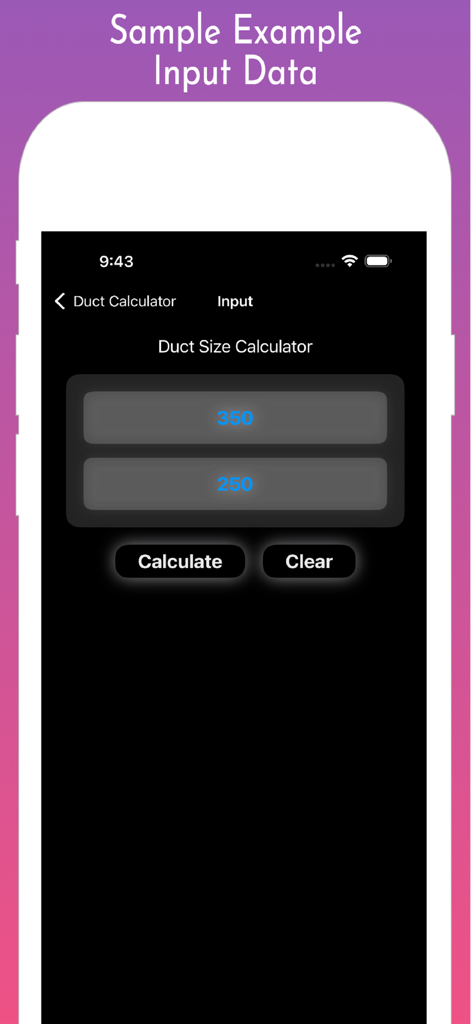 Duct Size Calculator screen with sample input fields for airflow and velocity.