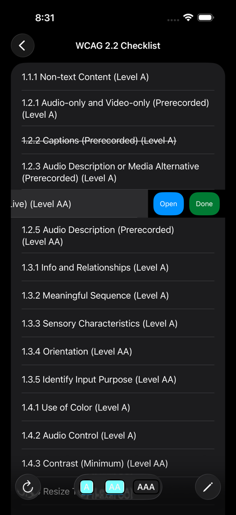 a11yTools - Web Accessibility - WCAG 2.2 checklist screen in the a11yTools app showing accessibility compliance standards and filters