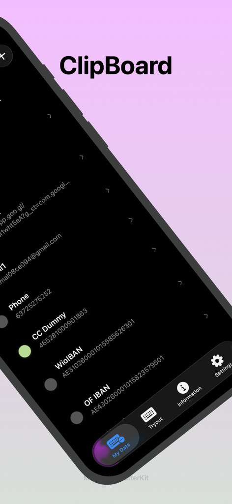 Keyboard Clipboard - La interfaz de la aplicación Keyboard Clipboard muestra una lista de fragmentos de texto guardados como números de teléfono y detalles de IBAN para un acceso rápido.