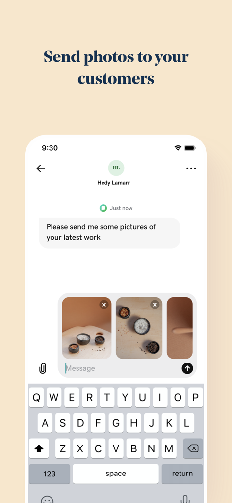 GoDaddy Conversations app screen showing the feature to send photos to customers in a chat