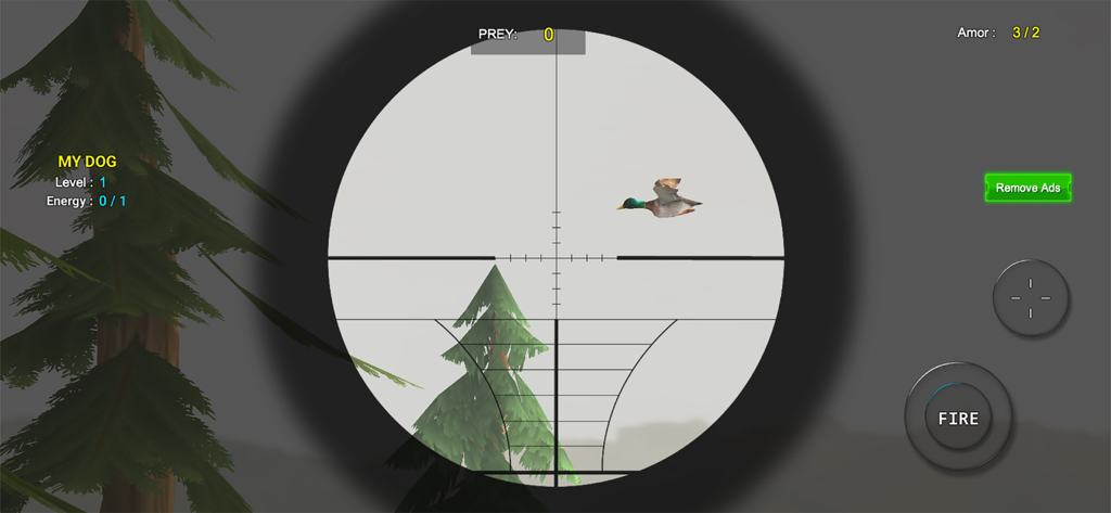 Duck Hunt X Duck hunting games - Captura de pantalla del juego de Duck Hunt X que muestra la mira de un francotirador apuntando a un pato volador en un bosque