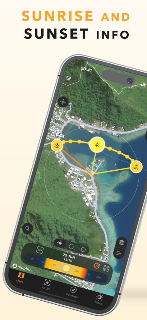 Sun Quest - Tracker & Seeker - Smartphone screen showing Sun Quest app with a satellite map and solar path for sunrise and sunset