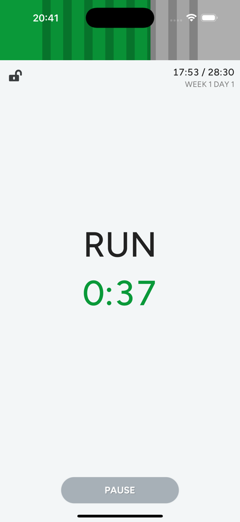 Interface of the Just Run app showing a countdown timer for a running interval during a Zero to 5K workout.