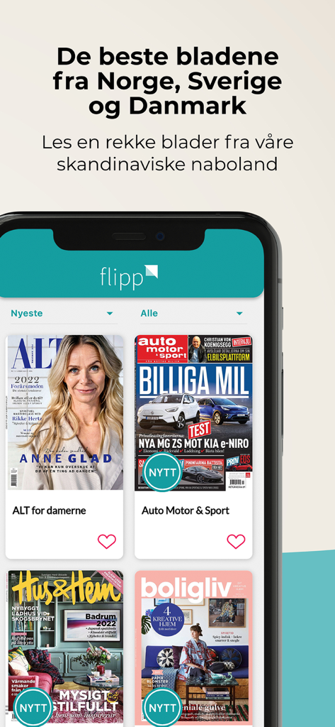 Flipp Norge - ALT for damerneやAuto Motor & Sportなどのさまざまなスカンジナビアの雑誌が表示されたフリップ・ノルウェーアプリのインターフェイスを示すスマートフォンの画面。
