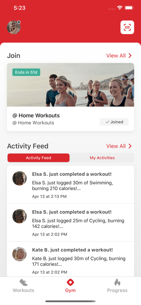 My Active App - Activity feed screen in My Active App showing recent member workouts and joined programs