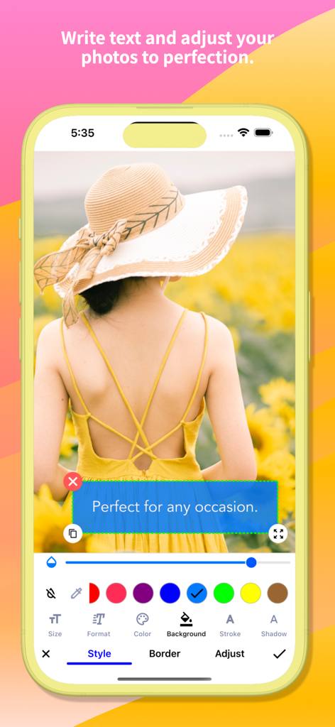 Smartphone screenshot showing Snap Markup photo text editing tools with a blue text box overlay on a sunflower field image