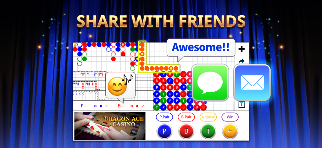 A mobile app screen showing options to share baccarat game results and scoreboard roads with friends using message and email icons