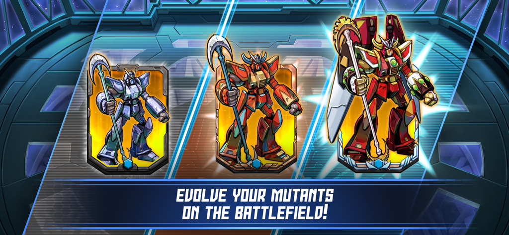 Mutants: Genesis - Trois étapes d'un personnage mutant mécanique évoluant dans Mutants Genesis.